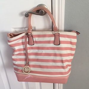 Pink canvas, leather and plastic purse